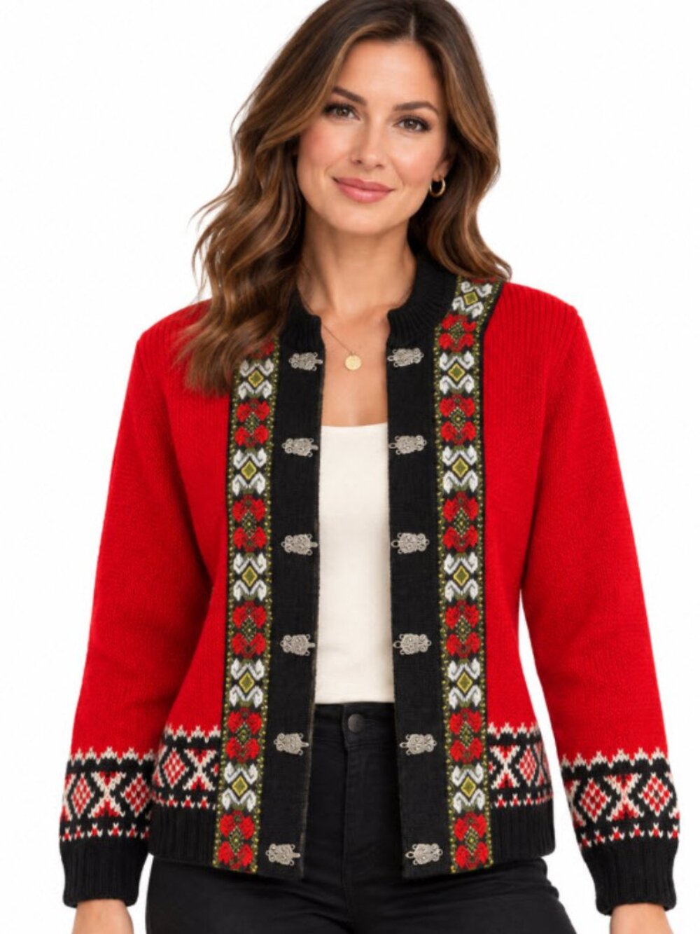 Norway Pure Wool Nordic Cardigan A.S. Evebofoss Red Black Clasps US 8–10 Vintage